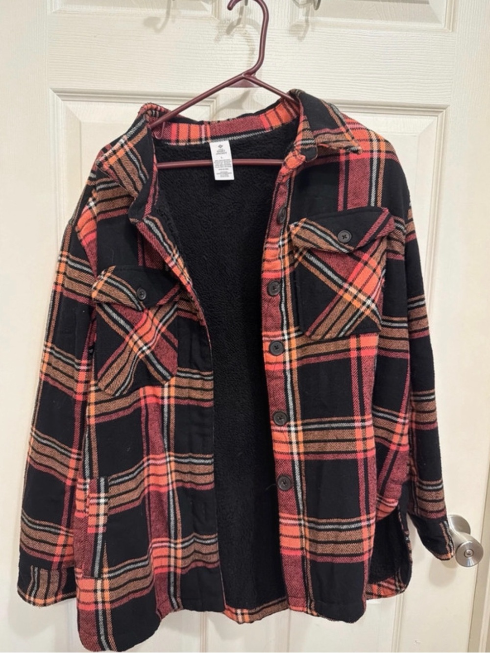 Women's Plaid Sherpa-Lined Utility Jacket - Black, Pink & Orange